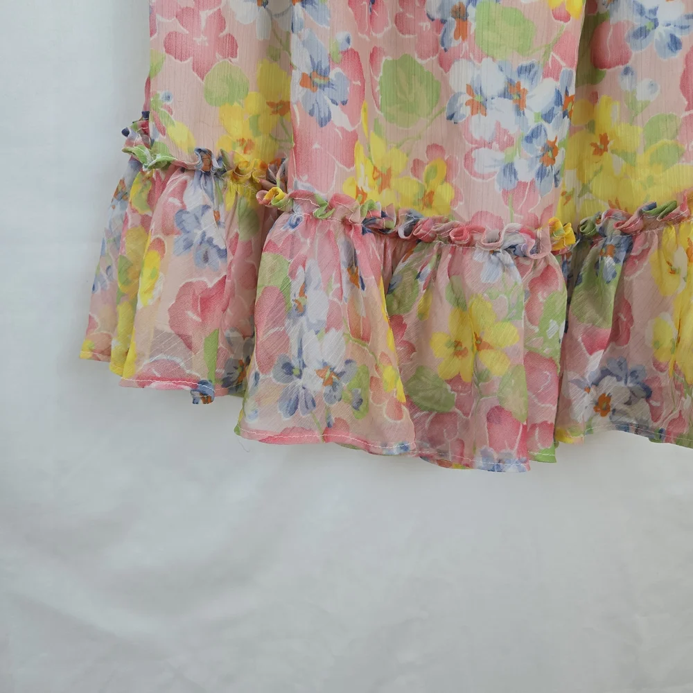 Ralph Lauren Girls Pink Yellow Floral Short Sleeve Ruffled Chiffon Dress Sz 7‎